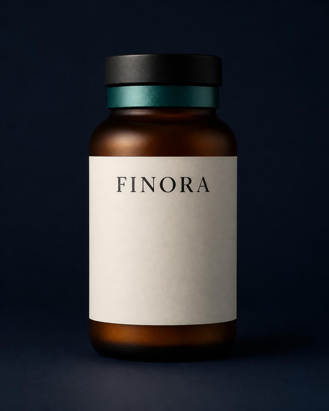 FINORA Clinical amber glass bottle with clinical teal foil neck seal on Ink Navy studio background
