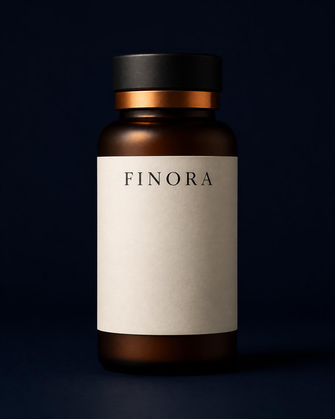 FINORA Core amber glass bottle with copper foil neck seal on Ink Navy studio background