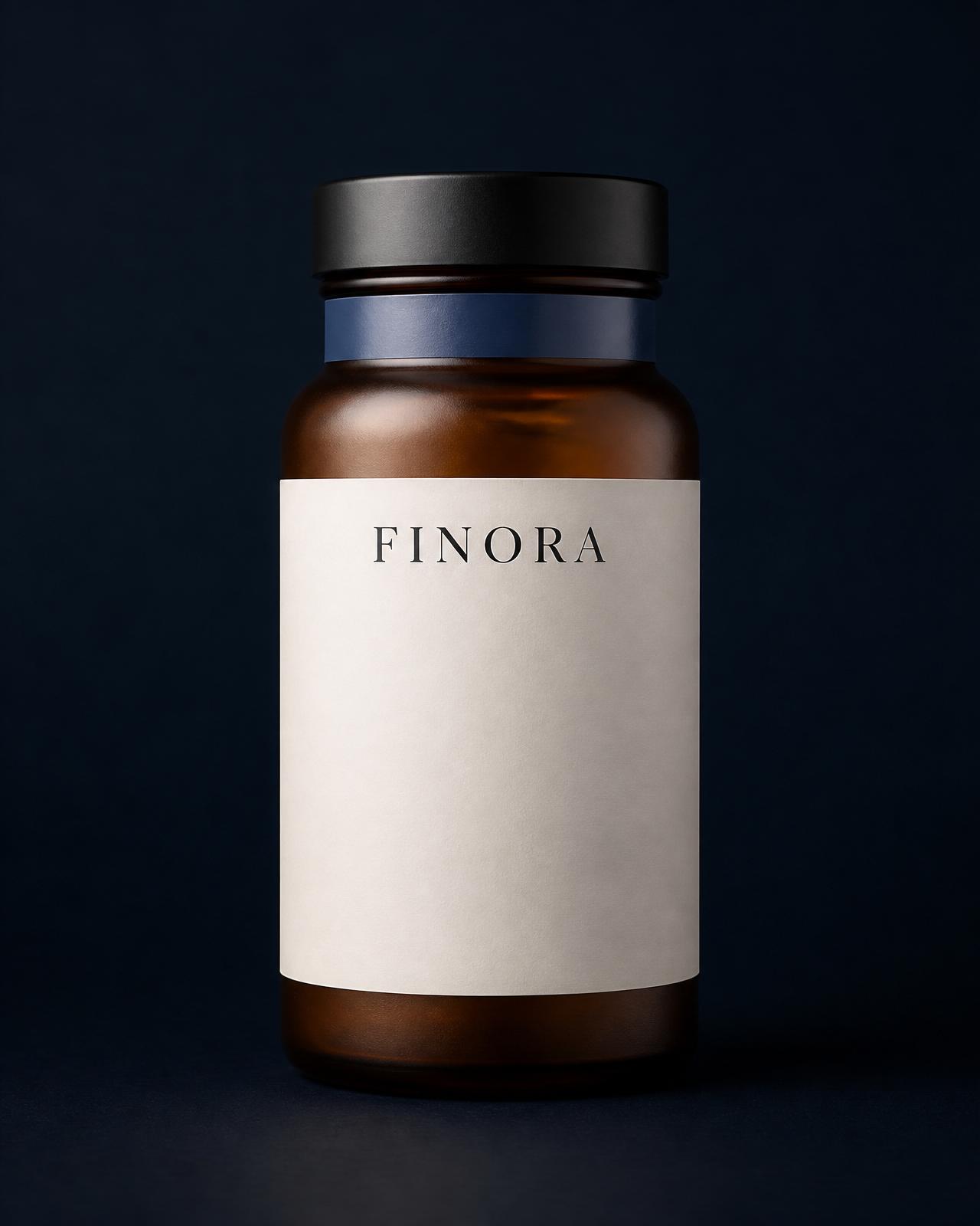FINORA Performance amber glass bottle with slate blue foil neck seal on Ink Navy studio background