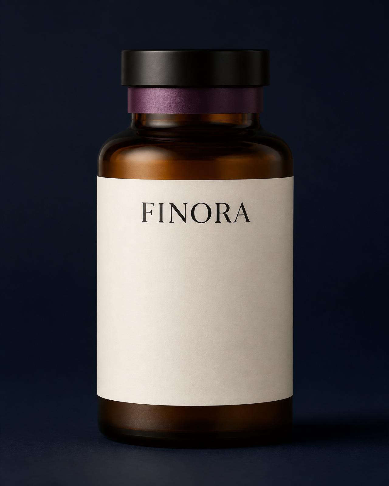 FINORA Vita amber glass bottle with deep plum foil neck seal on Ink Navy studio background
