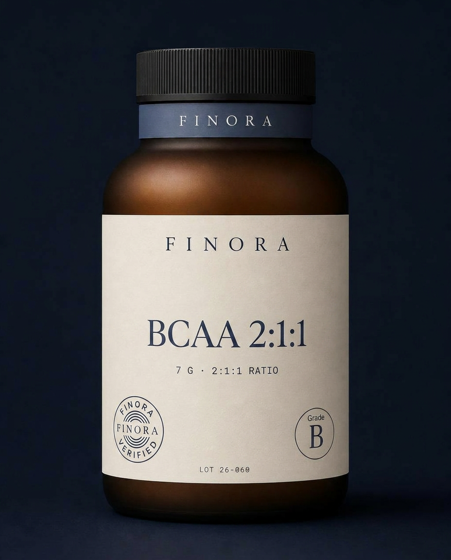 BCAA 2:1:1 — 7 g · 2:1:1 Ratio — FINORA Performance amber glass bottle
