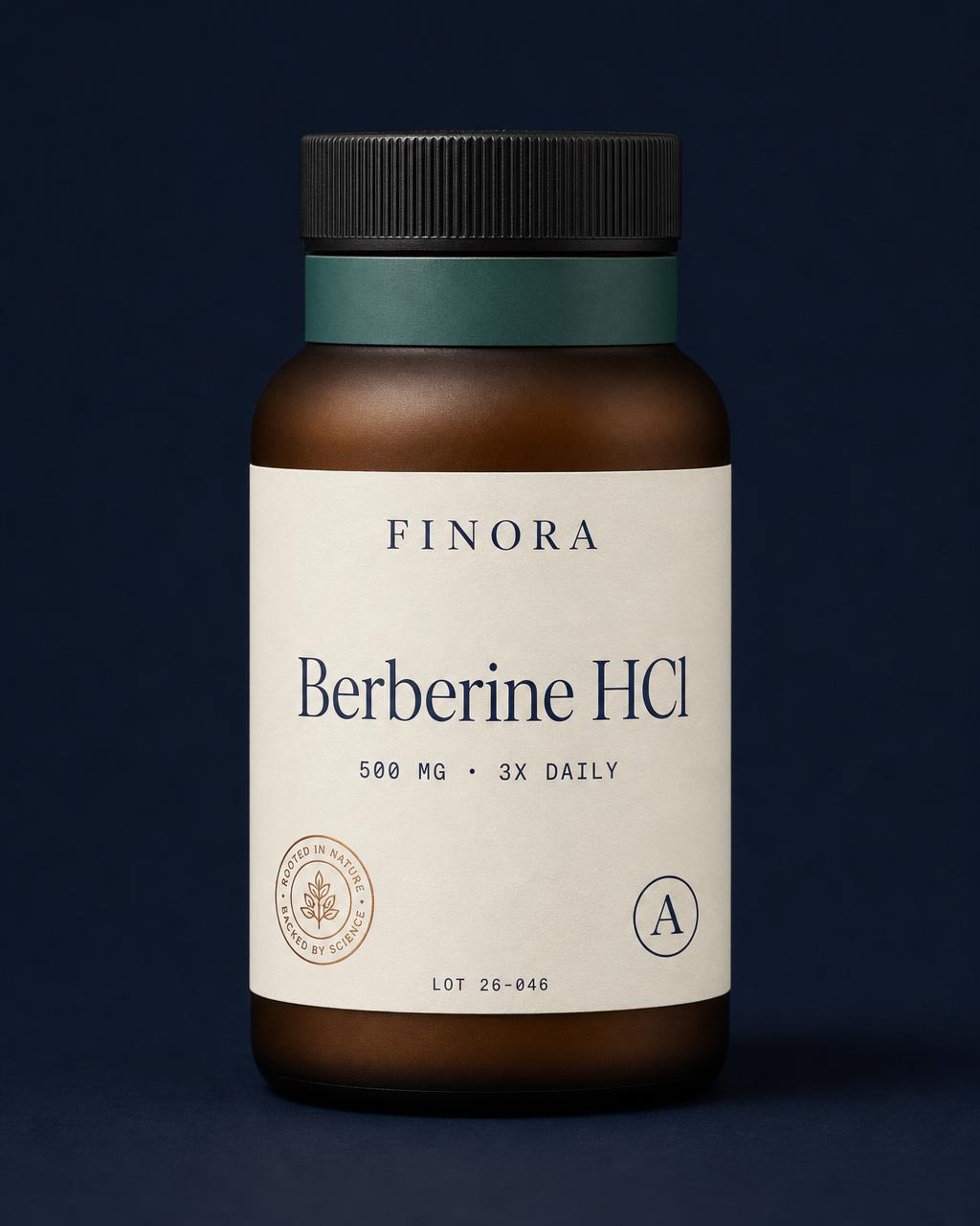 Berberine HCl — 500 mg · 3× daily — FINORA Clinical amber glass bottle