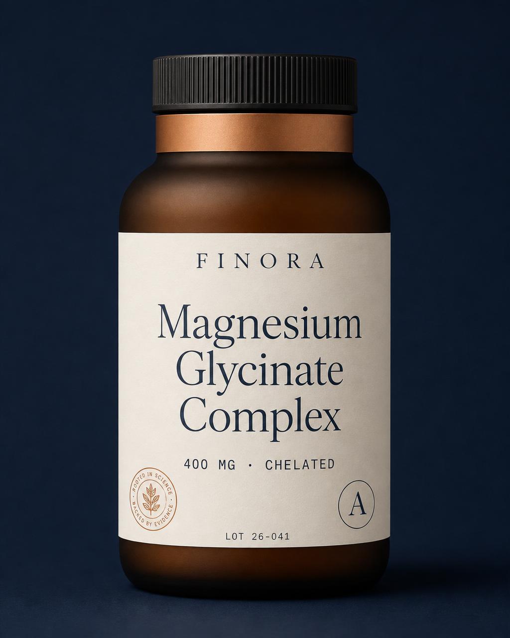 Magnesium Glycinate Complex — 400 mg · Chelated — FINORA FINORA Core amber glass bottle