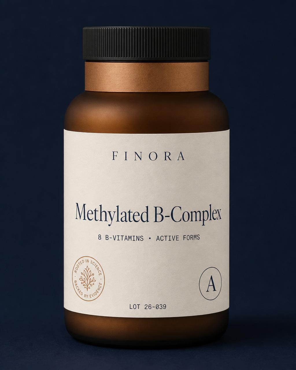 Methylated B-Complex — 8 B-vitamins · Active forms — FINORA Core amber glass bottle