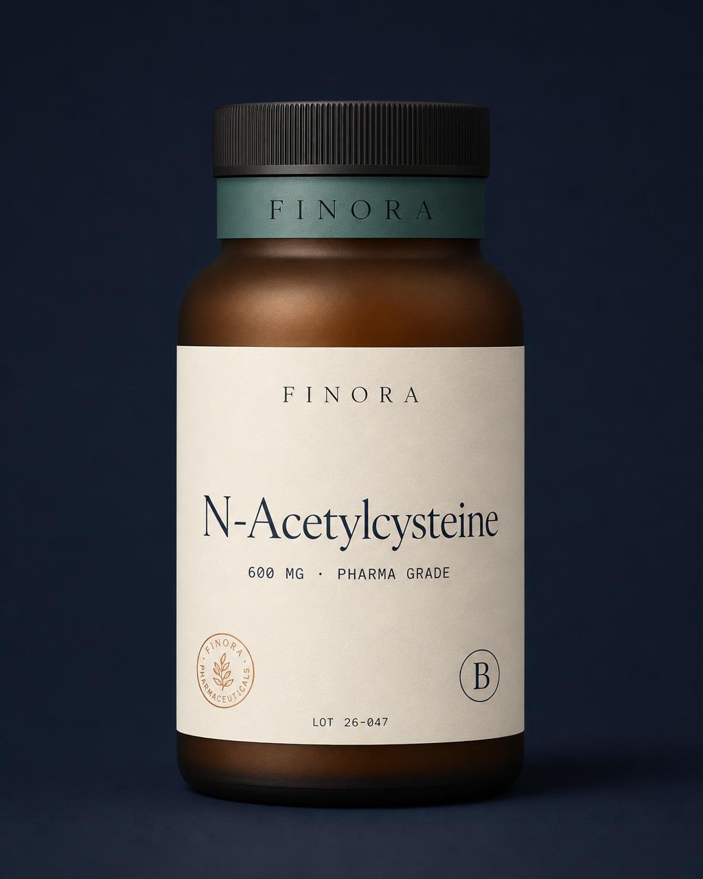 N-Acetylcysteine — 600 mg · Pharma grade — FINORA Clinical amber glass bottle