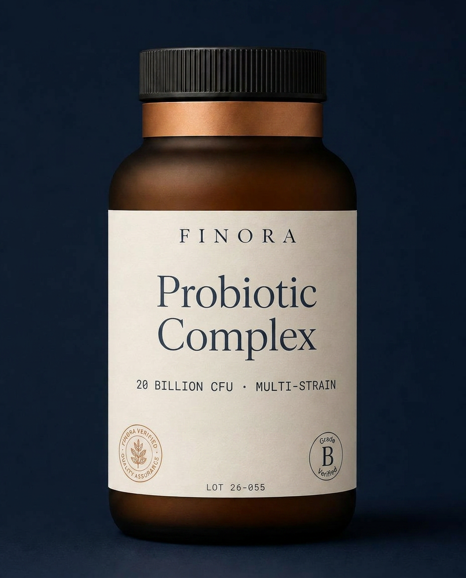 Probiotic Complex — 20 Billion CFU · Multi-Strain — FINORA Core amber glass bottle