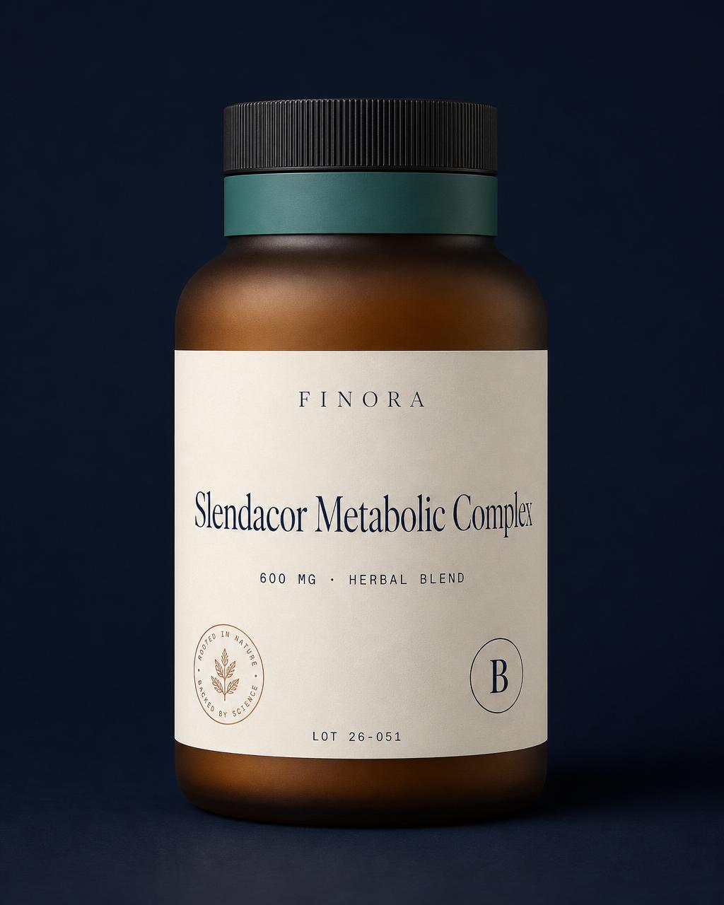 Slendacor® Metabolic Complex — 600 mg · Patented Herbal Blend — FINORA Clinical amber glass bottle