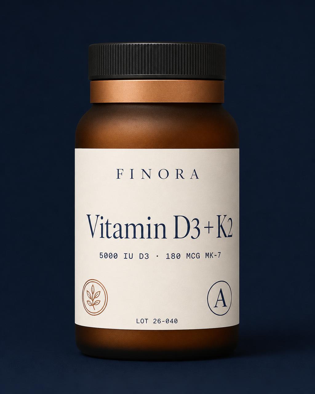 Vitamin D3 + K2 — 5000 IU D3 · 180 µg MK-7 — FINORA Core amber glass bottle