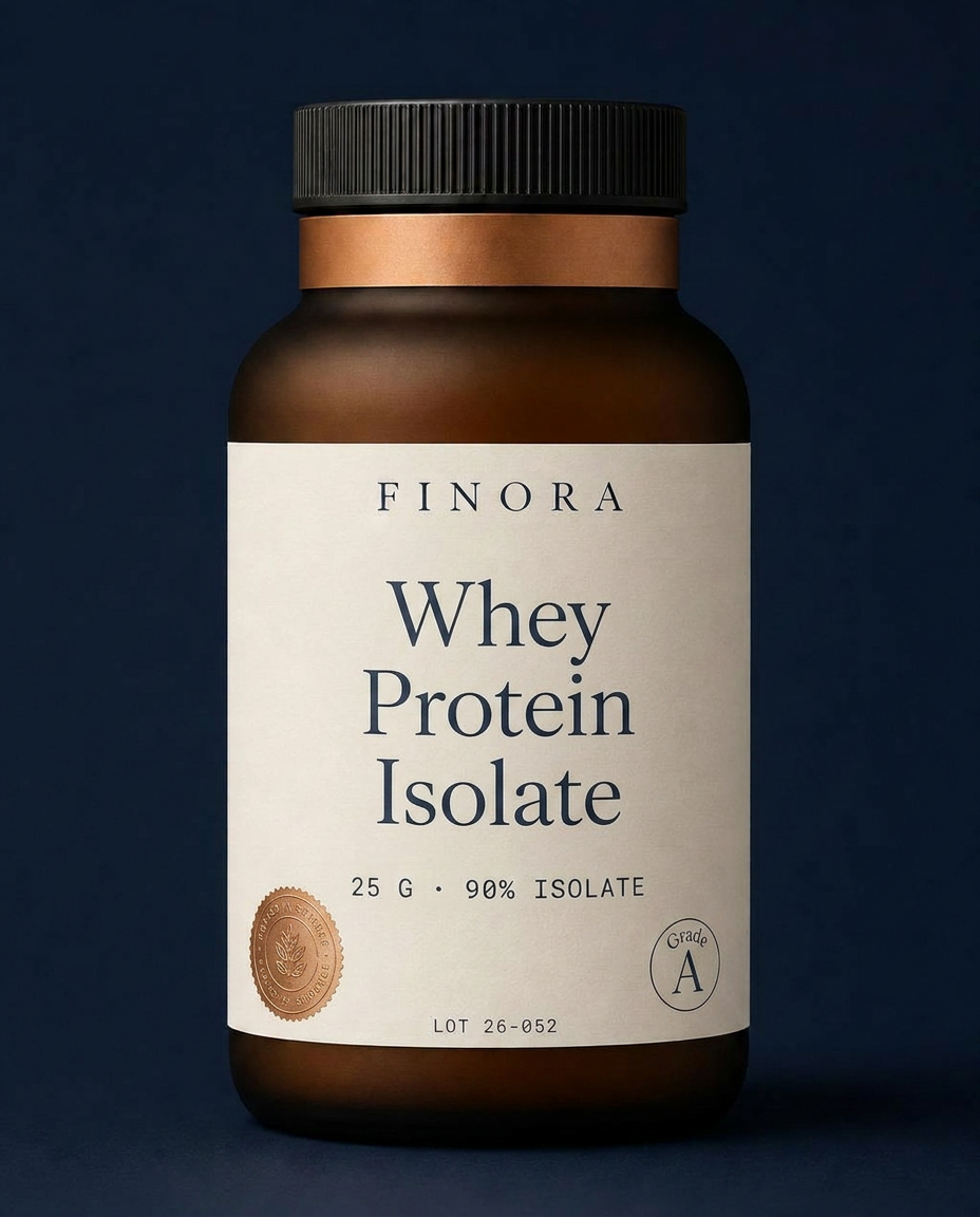 Whey Protein Isolate — 25 g · 90% Isolate — FINORA Core amber glass bottle