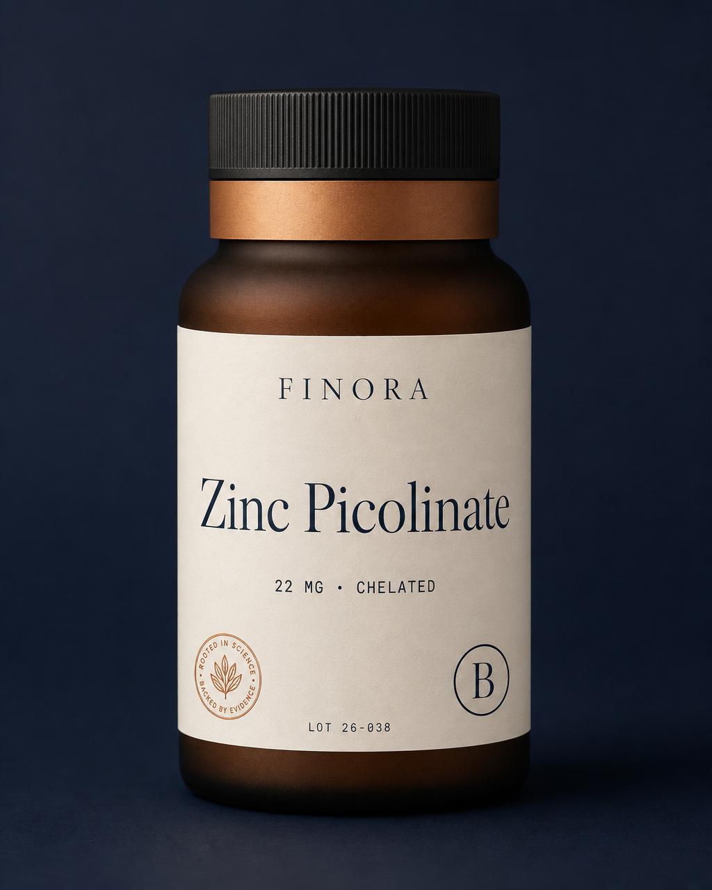 Zinc Picolinate — 22 mg · Chelated — FINORA Core amber glass bottle